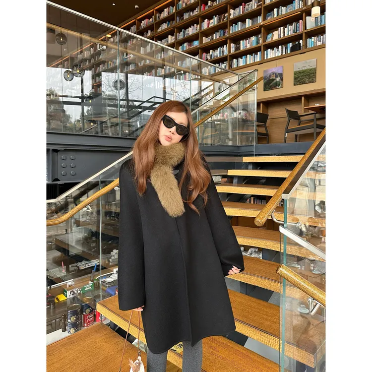 黑色短版双面尼大衣女2025秋冬毛呢外套显瘦百搭上衣+狐狸毛围脖