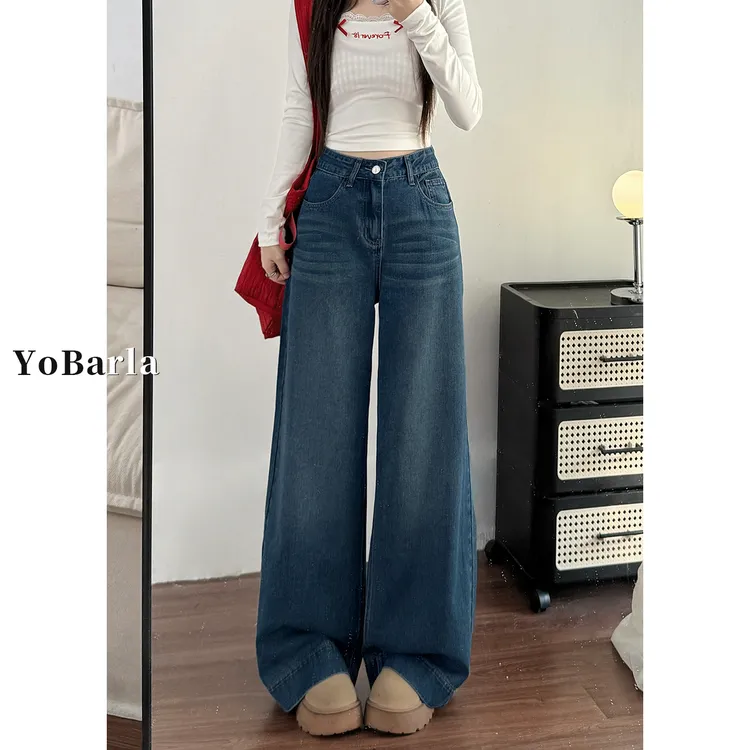 复古直筒牛仔裤女秋冬新款大码胖mm宽松显瘦梨型身材垂感阔腿裤子