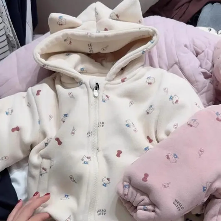 女宝宝冬季套装2025新女童卡通三层夹棉连帽睡衣儿童家居服两件套