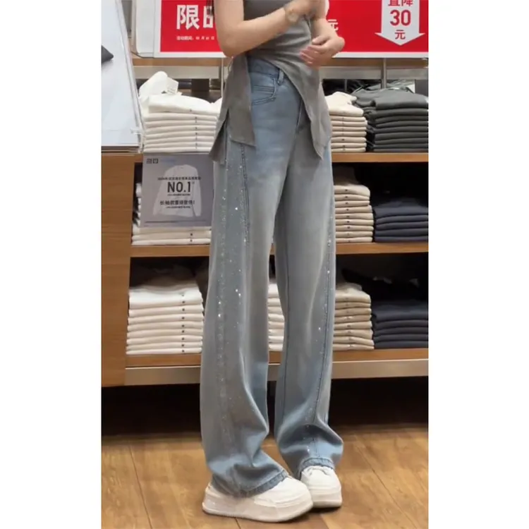 烫钻设计感牛仔裤女春季新款直筒裤时尚宽松阔腿裤大码拖地长裤子