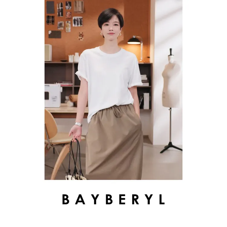  BAYBERYL老贝褶边袖*棉麻圆领舒适透气百搭短袖T恤NT5E2223-6/14