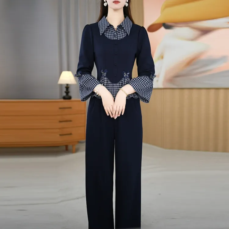艾丝琪长袖格纹拼接小衫休闲套装女2025新款秋季减龄阔腿裤两件套