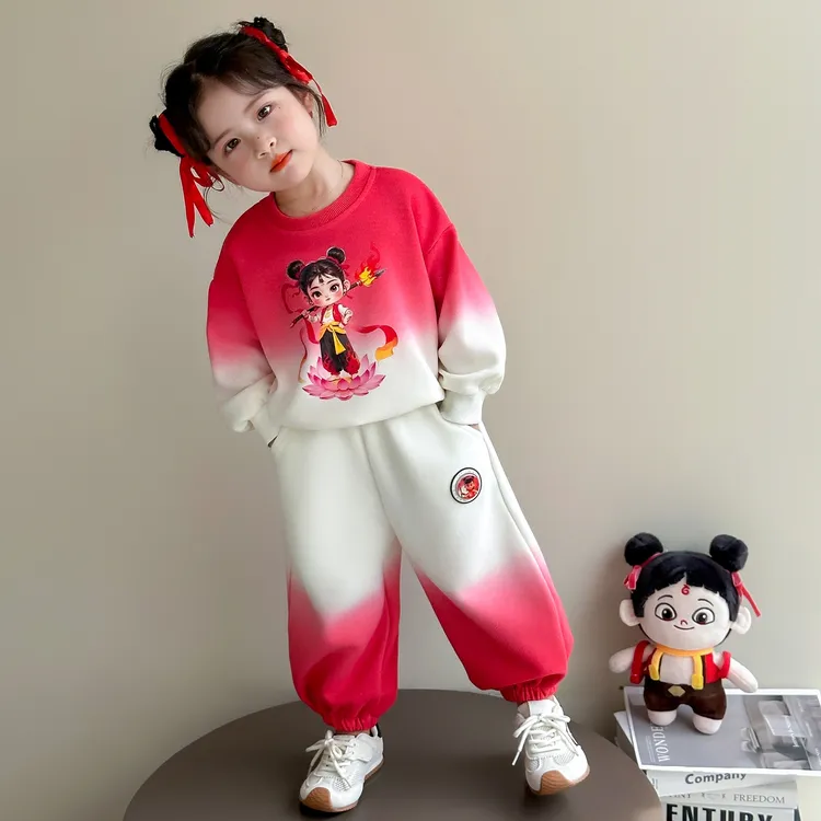 儿童哪吒衣服女童秋季渐变卫衣套装2025新款网红洋气女孩春秋童装