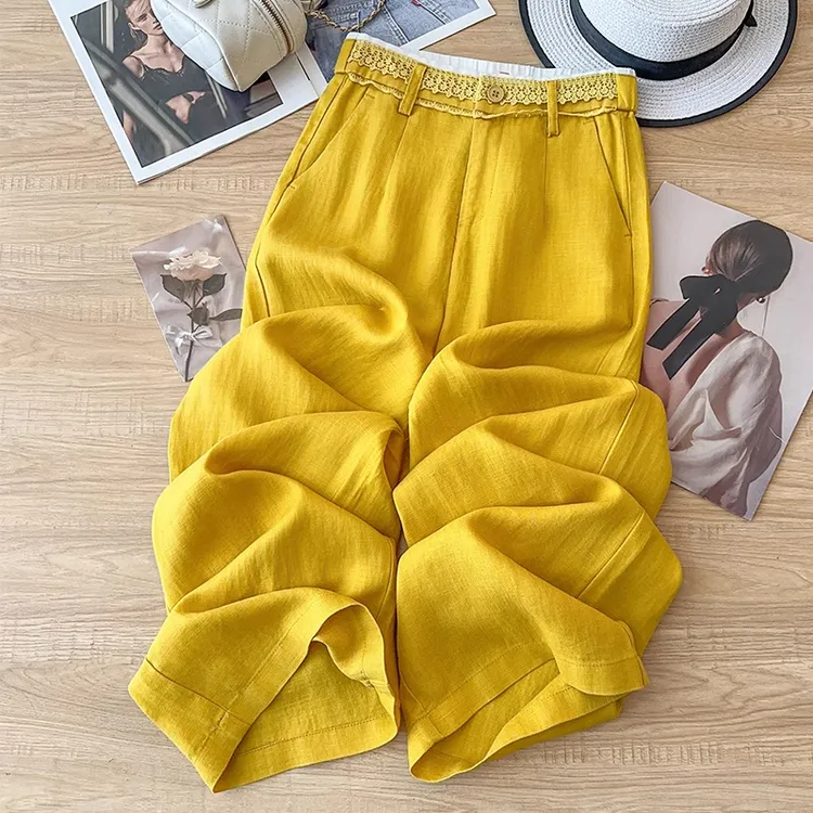 拉夏贝尔蕾丝边拼接高腰直筒裤2025夏季新款显瘦小个子阔腿休闲裤