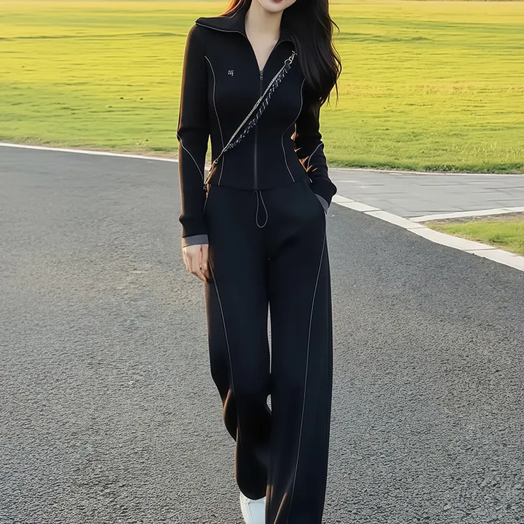 韩系黑色休闲运动套装女2025新款洋气减龄设计感卫衣阔腿裤两件套