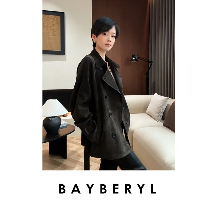 -BAYBERYL老贝埃塞*绒面皮风衣系带插肩时髦25秋皮衣PY5H2724