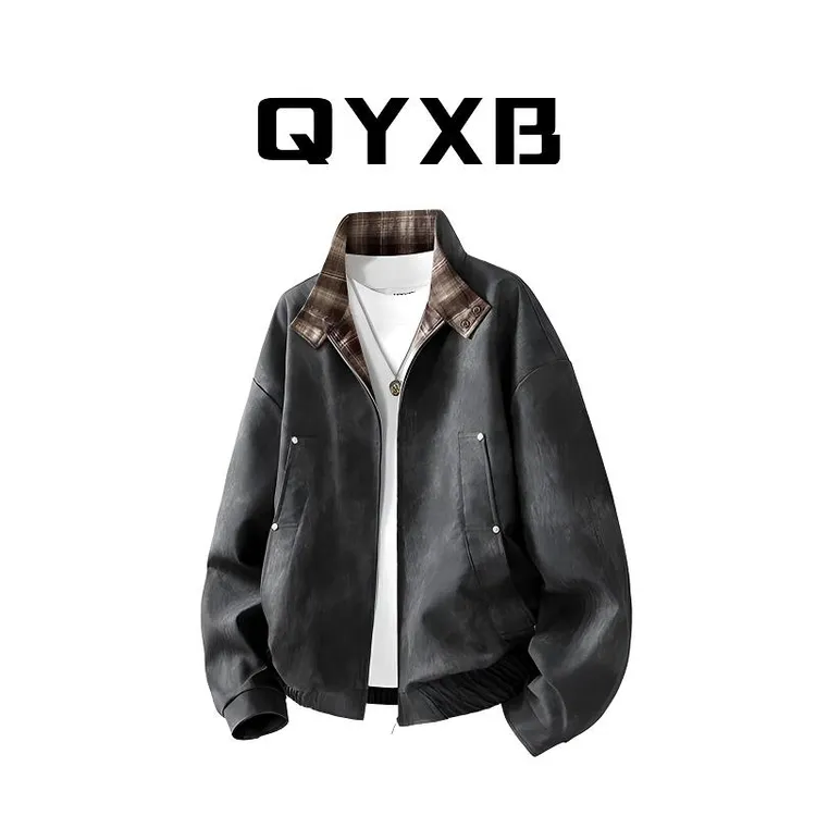 【品牌正品现货】QYXB秋季男士皮衣外套拉链立领拼接复古百搭皮夹克