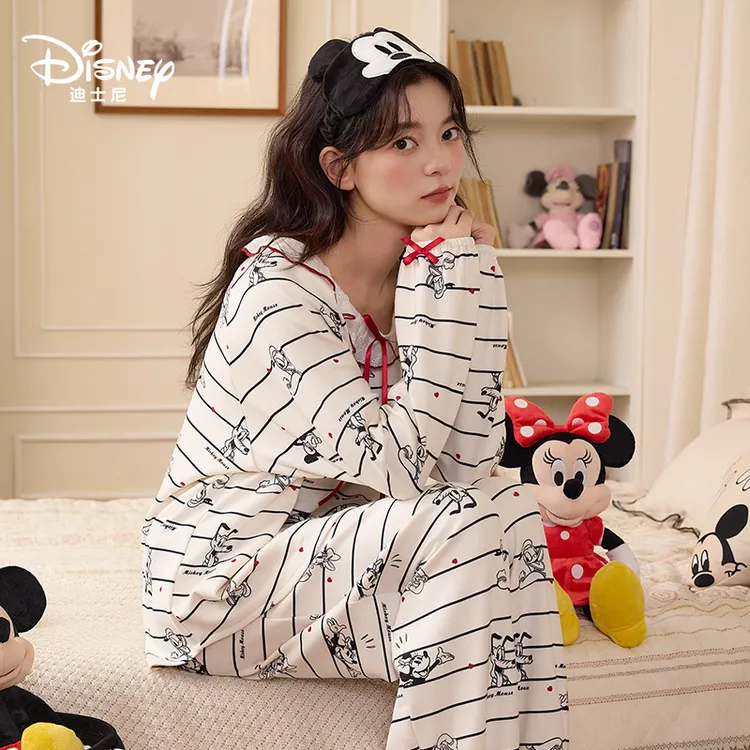 Disney迪士尼女秋冬羊绒圆领长袖长裤日系甜美休闲系带家居服0246