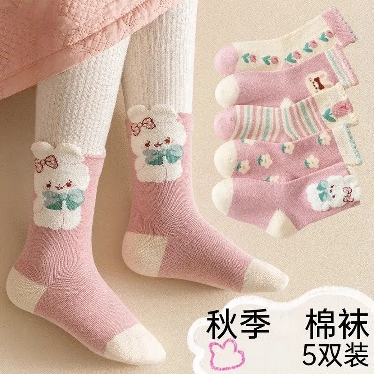 女童袜子棉春秋中筒可爱卡通兔子公主花边秋冬儿童棉袜女孩宝宝