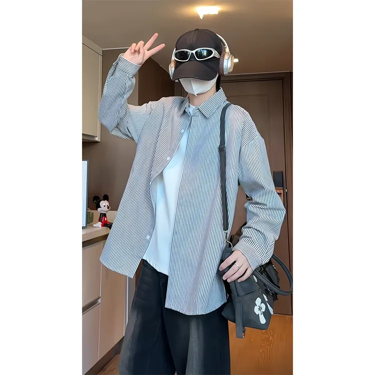 蓝色条纹衬衫男高级感夏季穿搭日系复古宽松衬衣潮牌短款长袖外套