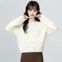 白色V领麻花毛衣女春秋2025秋季新款镂空套头针织衫外穿短款上衣