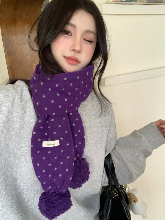 日系甜美软糯双层挂球围巾女秋冬保暖氛围感波点百搭围脖蓬松柔软