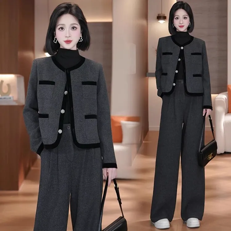 时尚毛呢套装女2025秋季新款洋气显瘦小香风短外套阔腿裤两件套潮