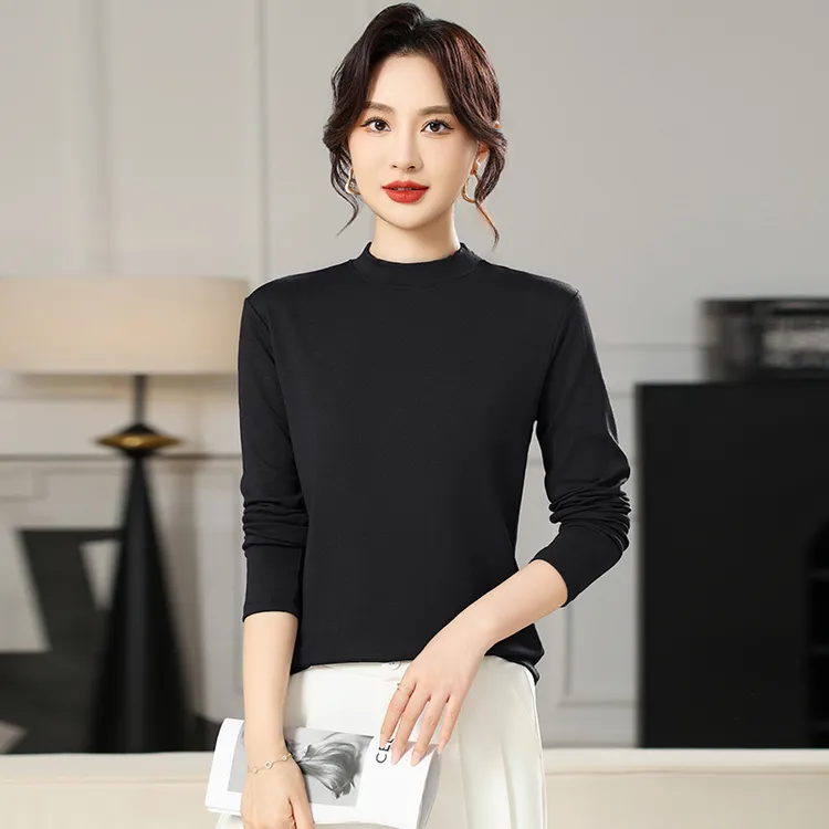 中年女装长袖圆领打底衫纯色休闲简约T恤中领高弹春秋季百搭上衣