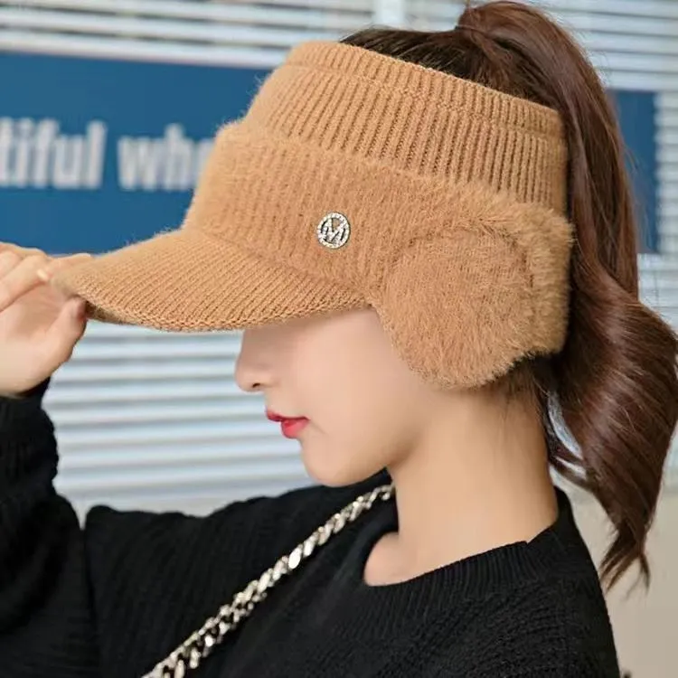 2025护耳空顶帽女秋冬季新款时尚运动帽防风加厚保暖骑行针织帽N