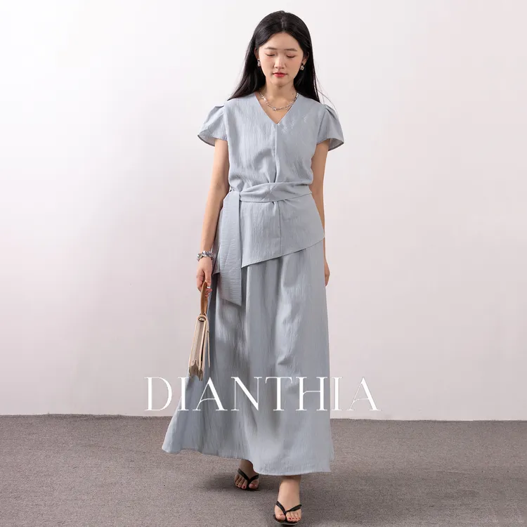 DianThia半身裙女夏套装显瘦设计感系带小飞袖上衣大摆裙两件套薄