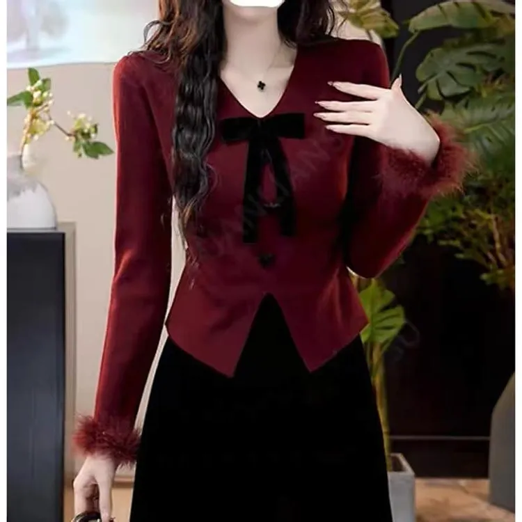 法式高级感洋气蝴蝶结针织衫上衣大码女装胖mm秋冬显瘦修身打底衫