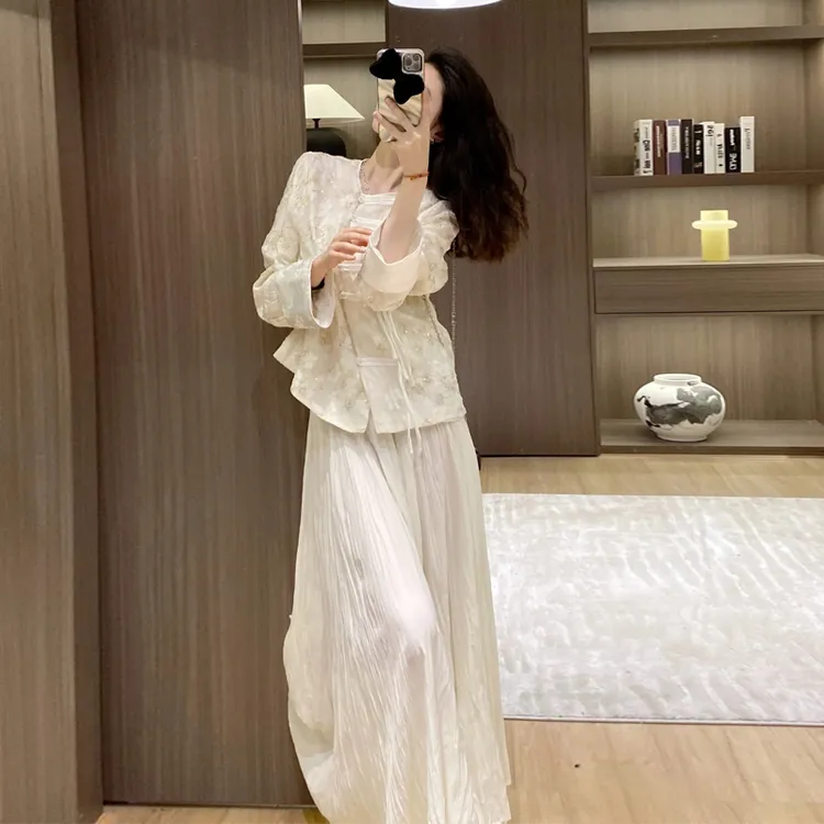 法式温柔风甜美新中式套装女春季小香风显瘦气质长袖蕾丝外套裙子