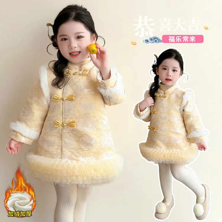 新款冬季女童加绒旗袍裙新年喜庆洋气公主连衣裙过年礼服公主裙