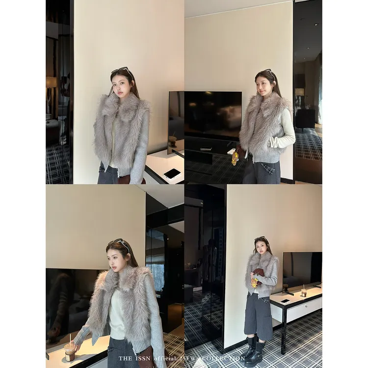 THEISSN宁司 可拆卸袖子毛毛针织外套女秋冬保暖开衫 01594