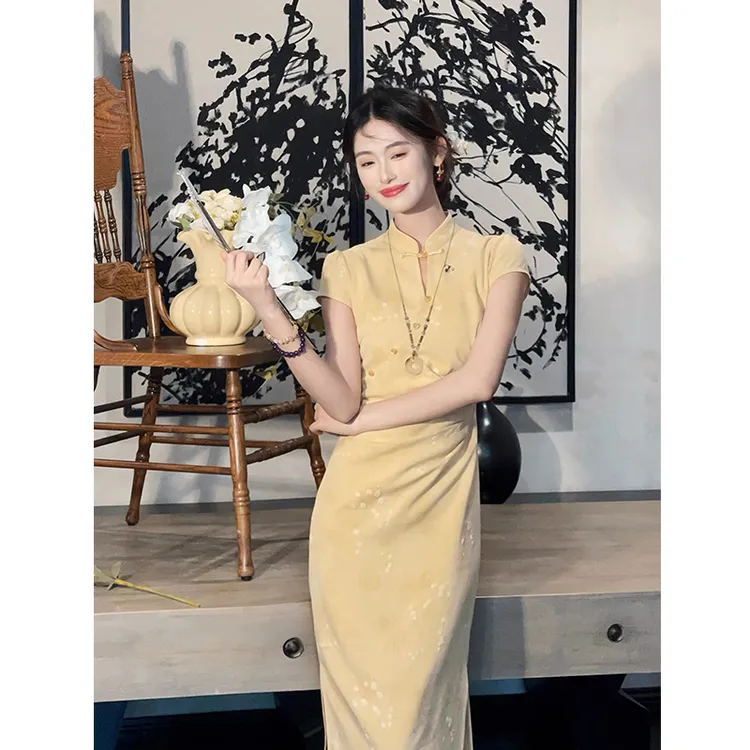 【现货】如初  国风新中式提花竹叶底纹梅花连衣裙优雅气质旗袍裙