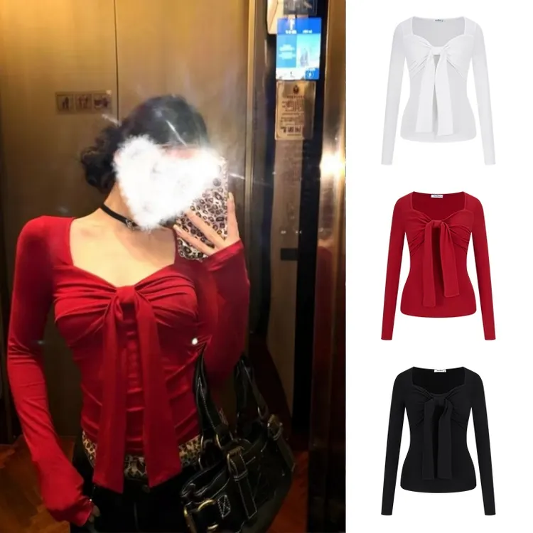Moses Queen/魔西女王圣诞穿搭红色蝴蝶结长袖T恤秋冬纯欲打底衫