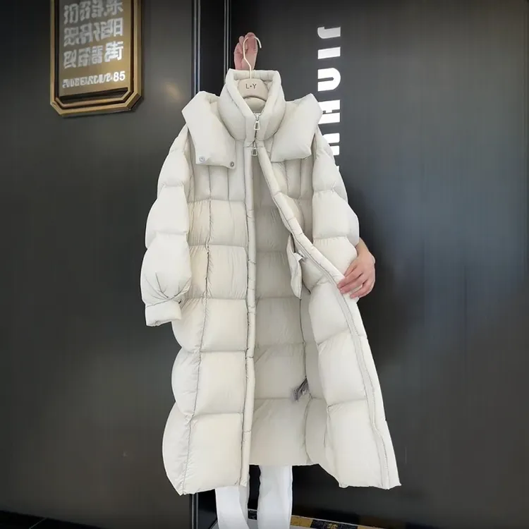 连帽长款90白鸭绒保暖女长款2025羽绒服女款爆款舒自在长款羽绒服
