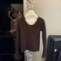 冬款蕾丝拼接V领加绒显瘦打底衫上衣091