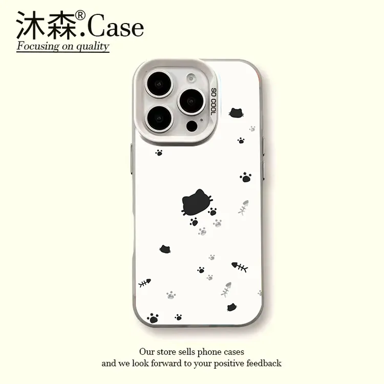 黑色小猫鱼骨彩银手机壳VIVO防摔适用于苹果17华为vivo小米17oppo