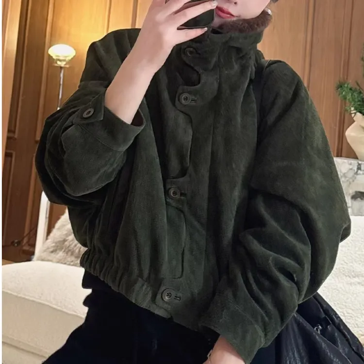 欧货大毛领鹅绒真皮羽绒服外套女短款气质时尚休闲绒面皮衣25115