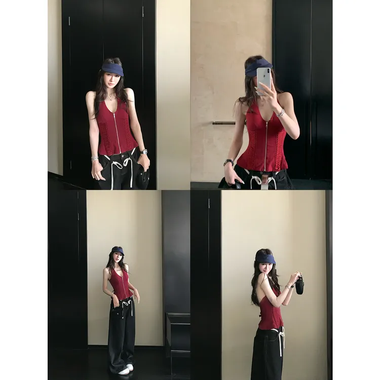 SKKSkk Store jennie同款设计感修身西装绑带V领挂脖吊带短裤套装