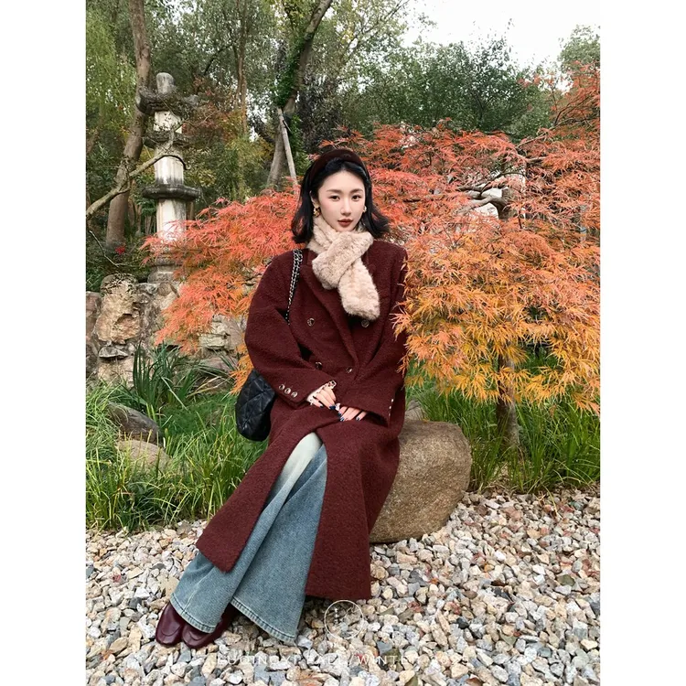 鹭青一原创【枫霞】羊毛双排扣气质廓形毛呢大衣女L25D1174L