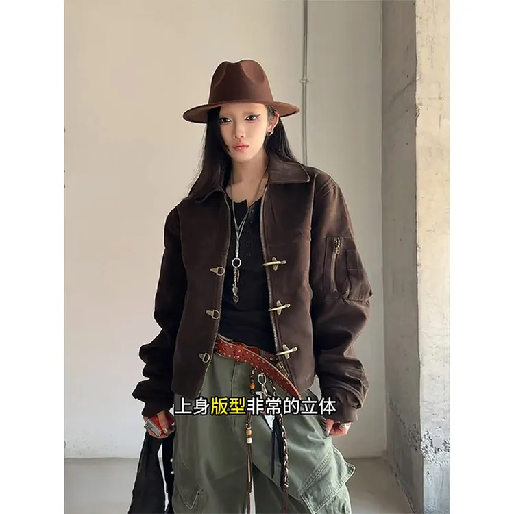 美式复古做旧仿麂皮外套男款秋季小众解构飞机扣vintage短款夹克