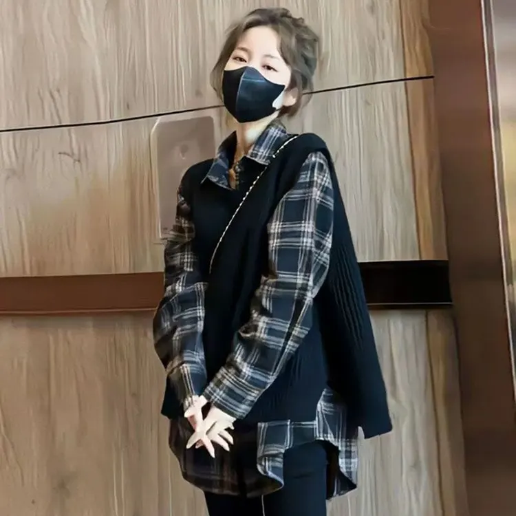 韩系时尚女装宽松polo领秋季新款减龄衬衫+针织马甲两件套装上衣