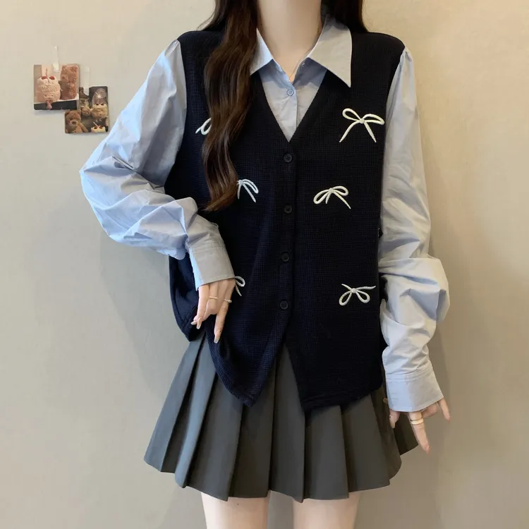大码女装遮肚子假两件拼接蝴蝶结绣花衬衫春秋胖妹妹显瘦减龄上衣