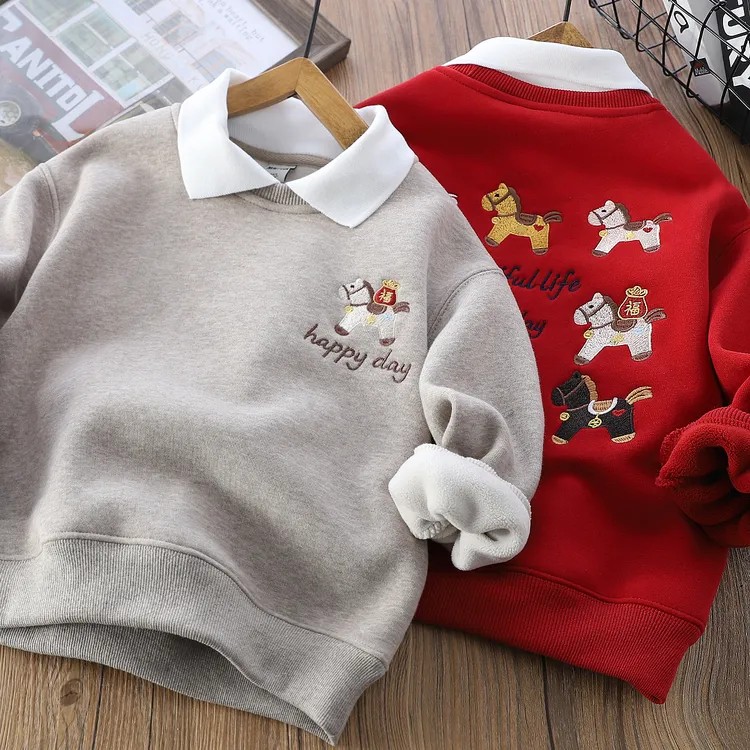 加绒男童儿童2025冬季新款POLO领卫衣马年刺绣中大童宽松简约上衣