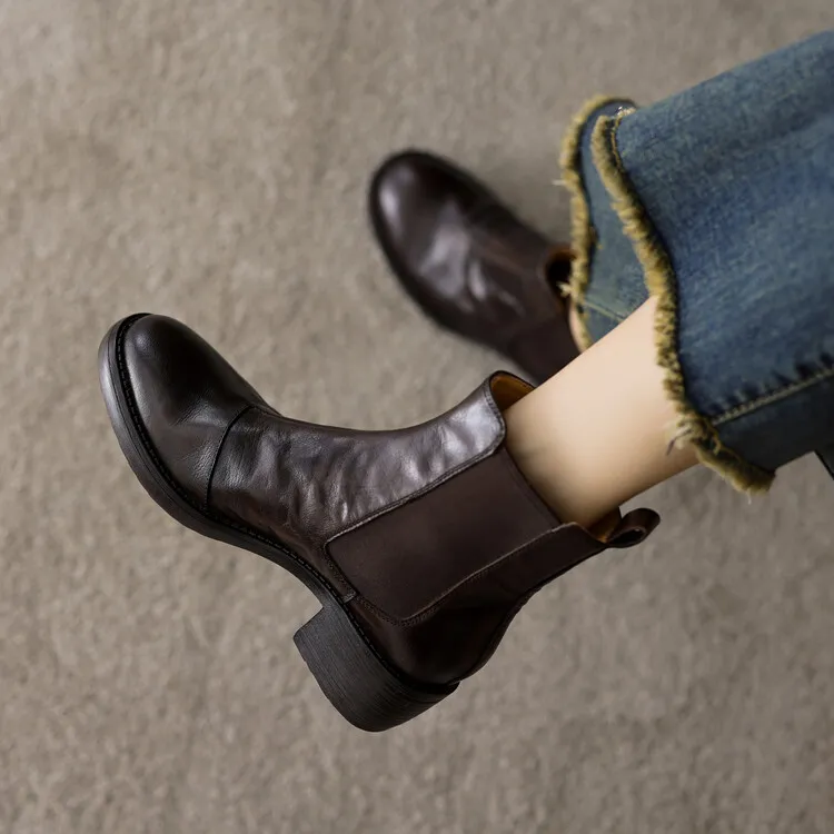 头层牛皮~4.5cm法式复古圆头粗跟真皮软面切尔西短靴女中跟老钱风