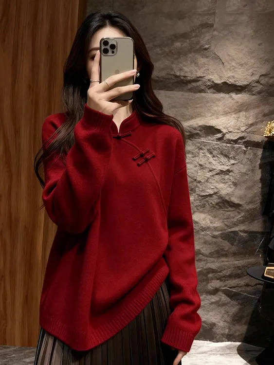 新中式红色斜襟盘扣毛衣改良唐装2025新款冬季加厚针织衫外穿内搭
