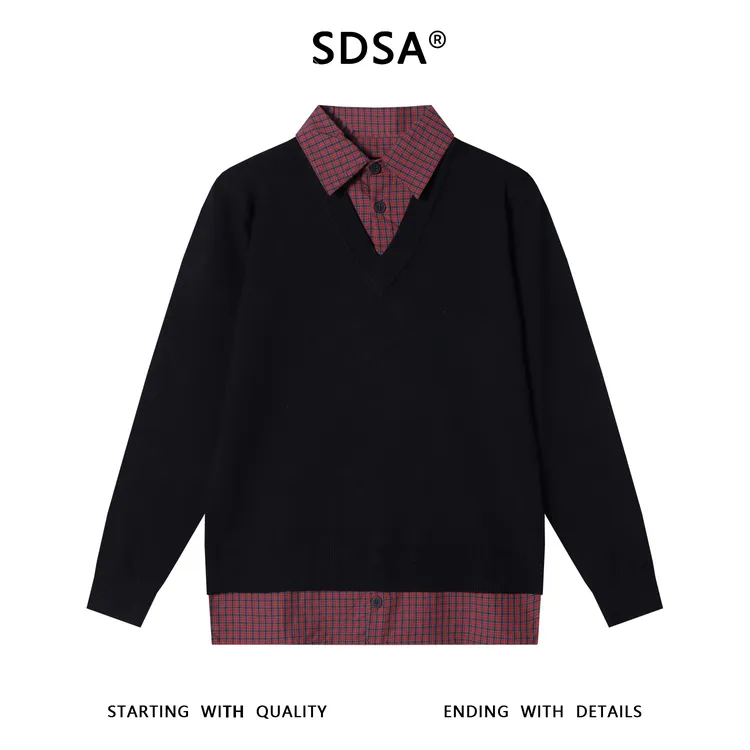 SDSA秋冬新款痞帅男装韩版拼接撞色假两件针织毛衣复古翻领上衣