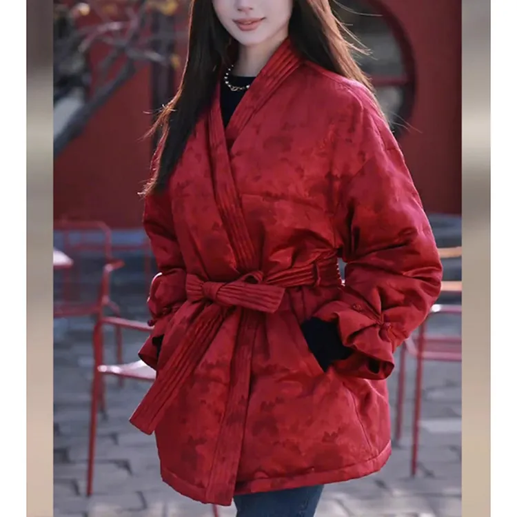 新中式国风红色棉服外套女2024新款冬季高级感唐装年轻款棉袄上衣