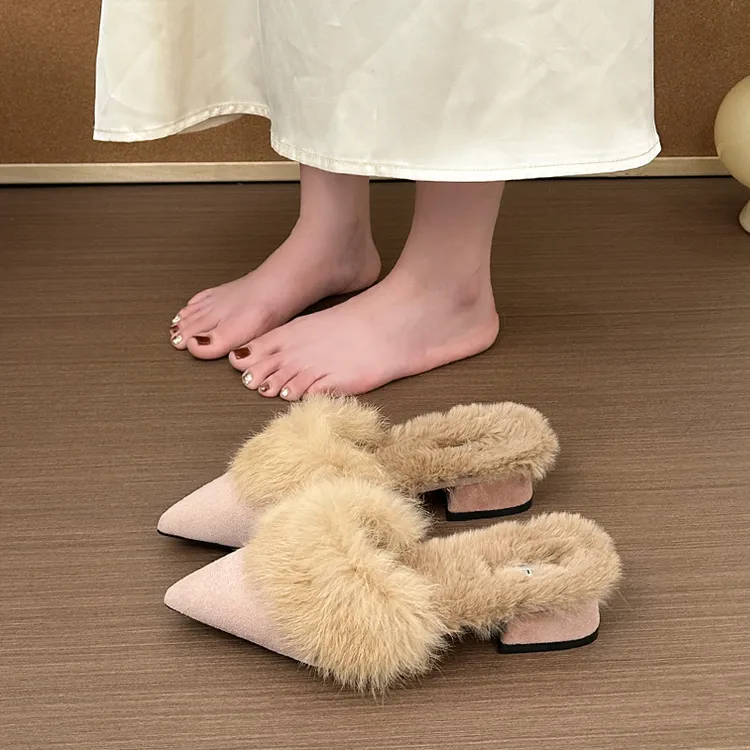 毛毛拖鞋女保暖加绒尖头时尚半拖外穿粗跟高跟气质百搭包头穆勒鞋