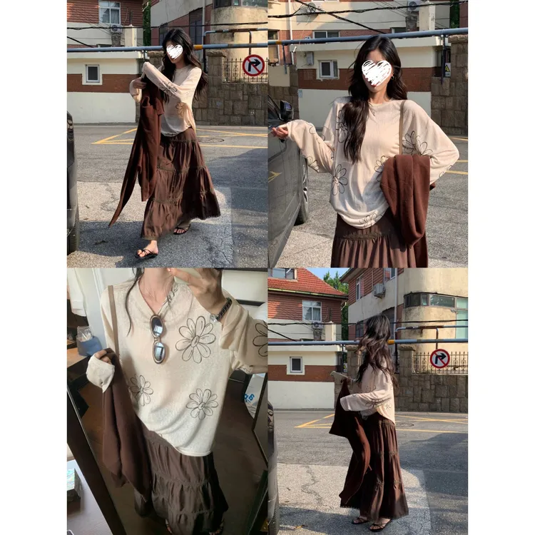 宽松长袖T恤女印花罩衫+ 显瘦压褶A字裙伞裙  60262