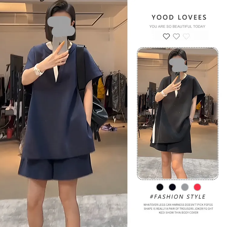 欧洲站2025夏季新款韩版百搭显瘦V领短袖上衣高腰短裤纯色两件套