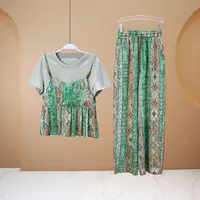 【子秋女装】2025时尚轻奢绿色碎花拼接衬衫名族风套装7551