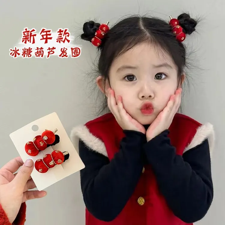 新年款儿童红色高级丝绒糖葫芦发夹过年女孩可爱发圈氛围感发饰