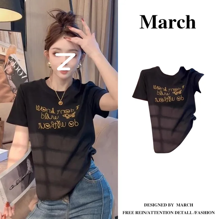 韩版套头圆领重工刺绣短袖T恤女夏季大码小个子宽松百搭上衣11030