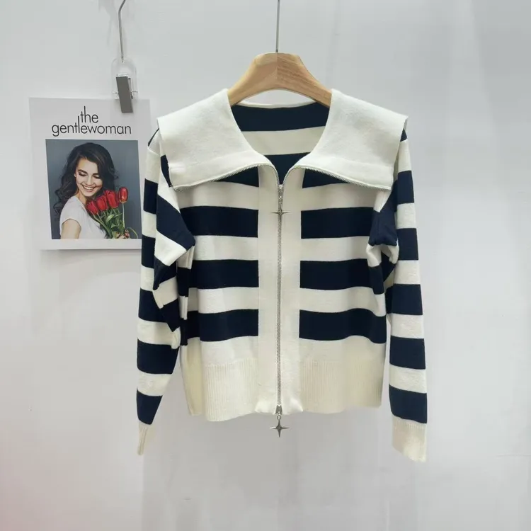 条纹春季开衫款针织秋季毛针织衫开衫时尚休闲拼色长袖百搭翻领