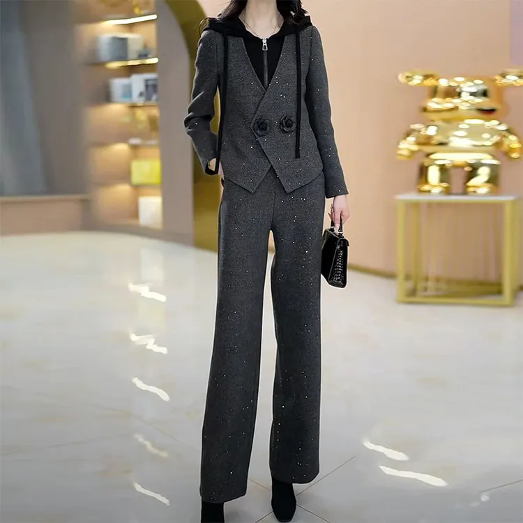 高级精纺连帽上衣长裤休闲气质套装2025春季新款洋气遮肚子两件套