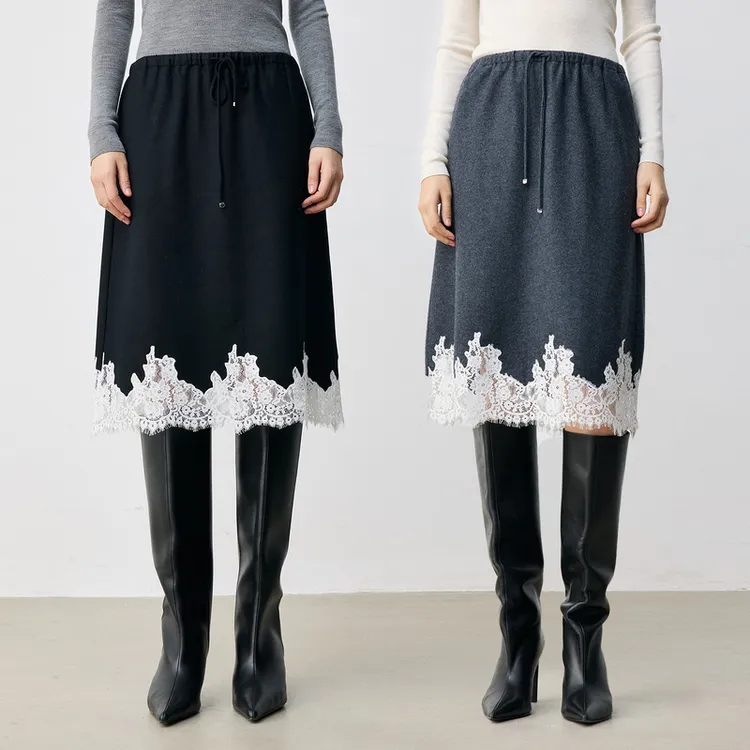 MARIUS"圆舞曲"立体绒感美利奴蕾丝拼接复古合身微A摆半裙