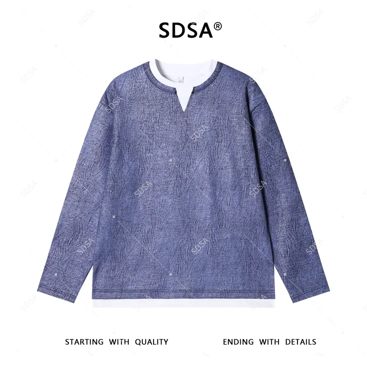 SDSA男士秋冬新款轻奢痞帅男装简约肌理感撞色假两件长袖T恤百搭